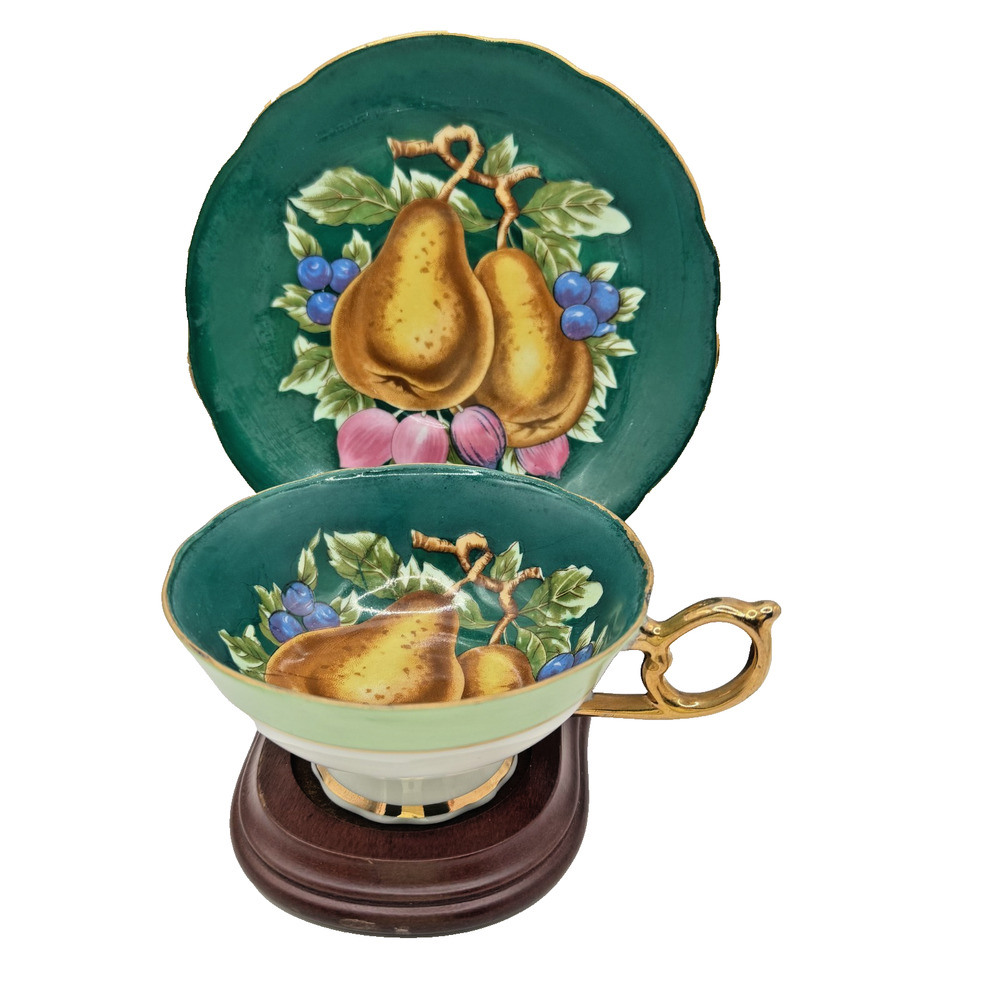 Royal Sealy Japan Green Footed Cup & Saucer Fruit Grapes Berries; Vintage Teacup
